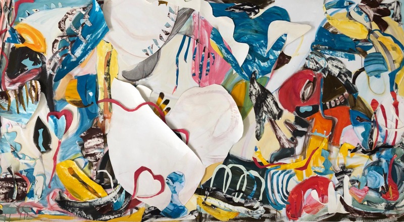 In the Land of Love and Play diptych,55 x 105 inches, Acrylic and paper collage on canvas, 2019
