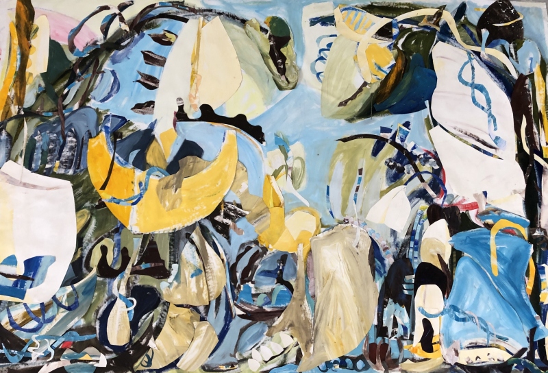 Primavera Blue, 64 x 95 inches, acrylic and paper collage on canvas, 2019