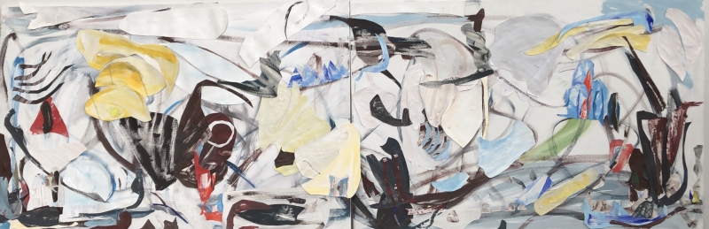 Venice: Wind and Rain diptych, 36 x 98 inches, Acrylic and paper collage on canvas, 2019