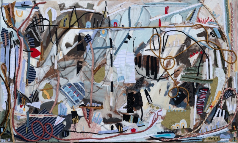 Manifesting, oil and fabric on canvas, 40 x 59 inches, 2024