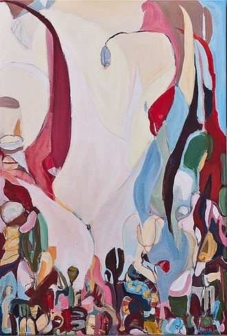 In the Beginning, 2015, acrylic on canvas and collage, 50 x 34 inches (127 x 86 cm)